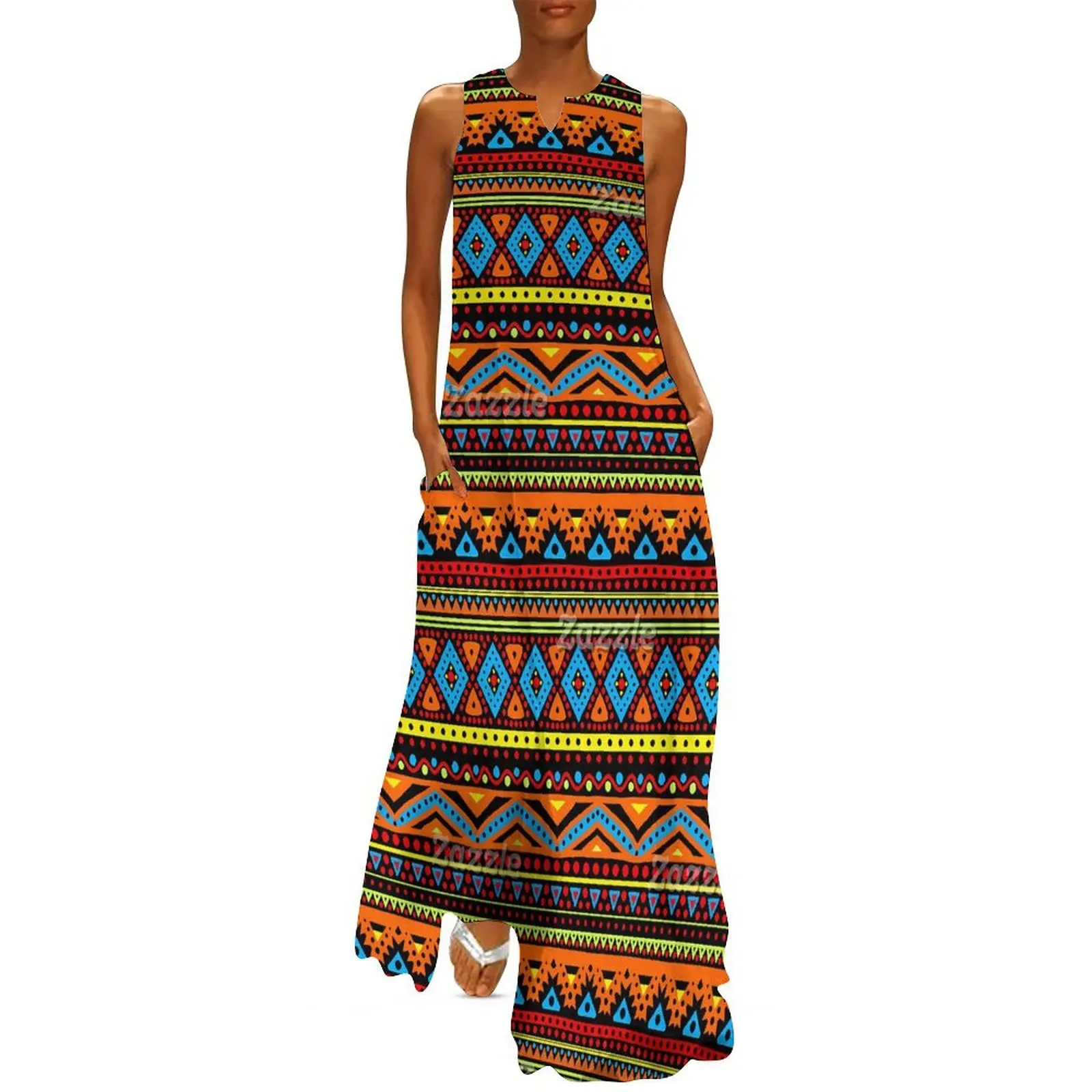 Ethnic Boho Fashion - Vestido longo étnico vintage, vermelho, laranja,