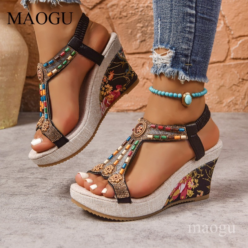Ethnic Boho Fashion - Sandálias Anabela Boho com Miçangas e